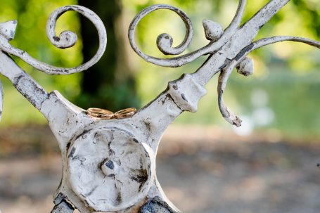 Rostige, kunstvoll verzierte Metallumrandung mit unscharfem Hintergrund von Bäumen.